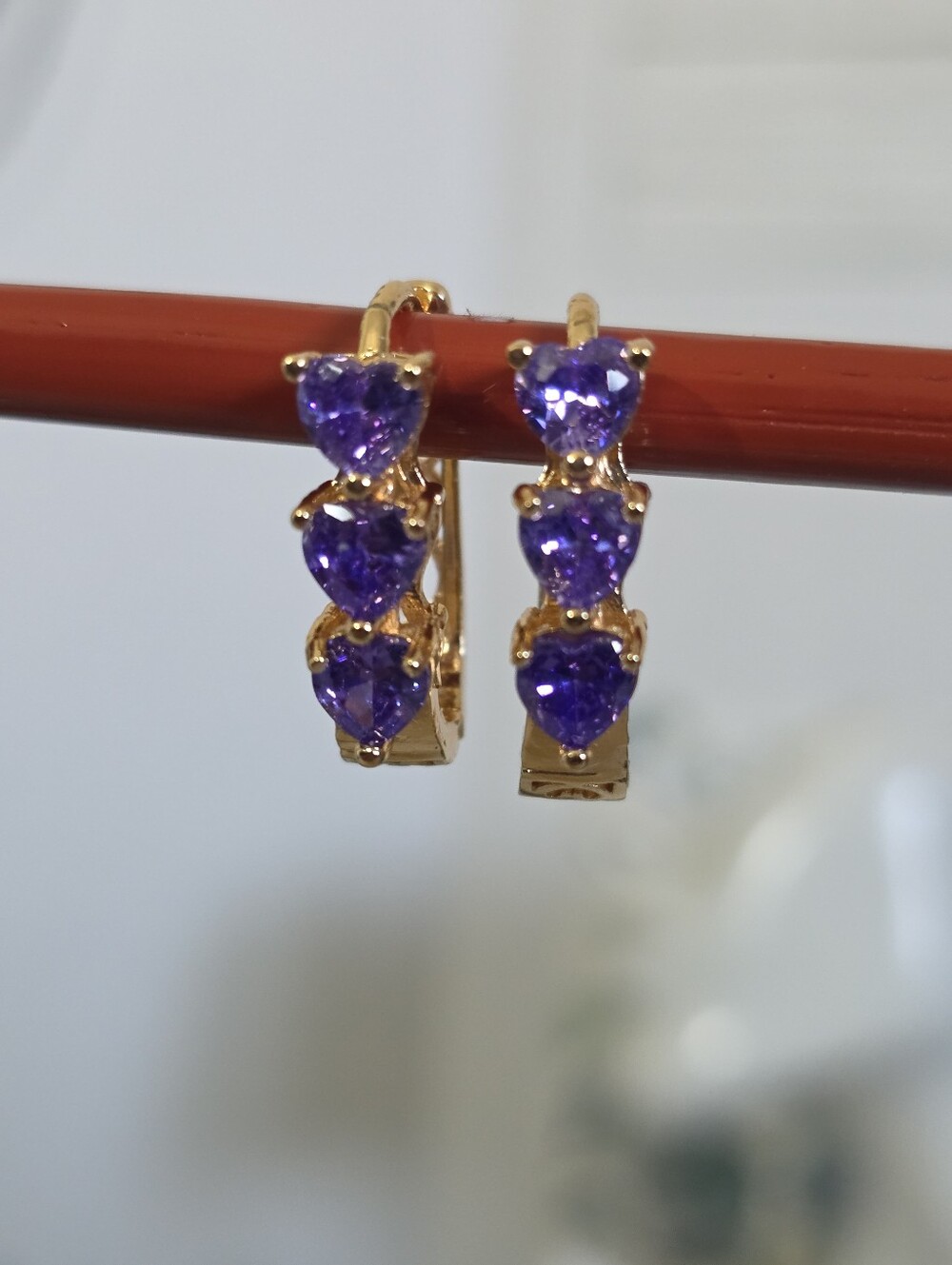 Gold Filled Oval Hoop Earrings Lavender Purple Crystal Heart Stones